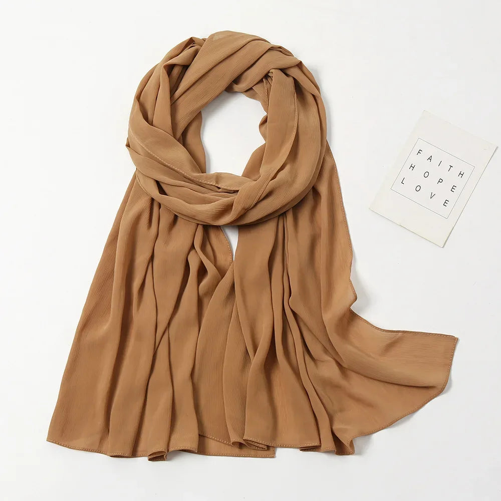 175-70cm  Malaysian Solid Color Chiffon Headscarf, Wrinkle-Resistant Pleated Headwrap, Breathable & Lightweight for 2025