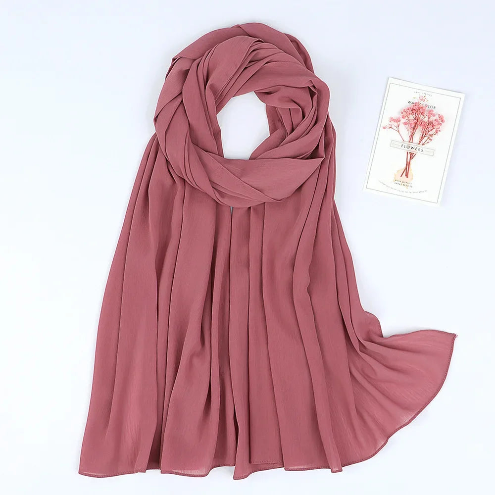175-70cm  Malaysian Solid Color Chiffon Headscarf, Wrinkle-Resistant Pleated Headwrap, Breathable & Lightweight for 2025