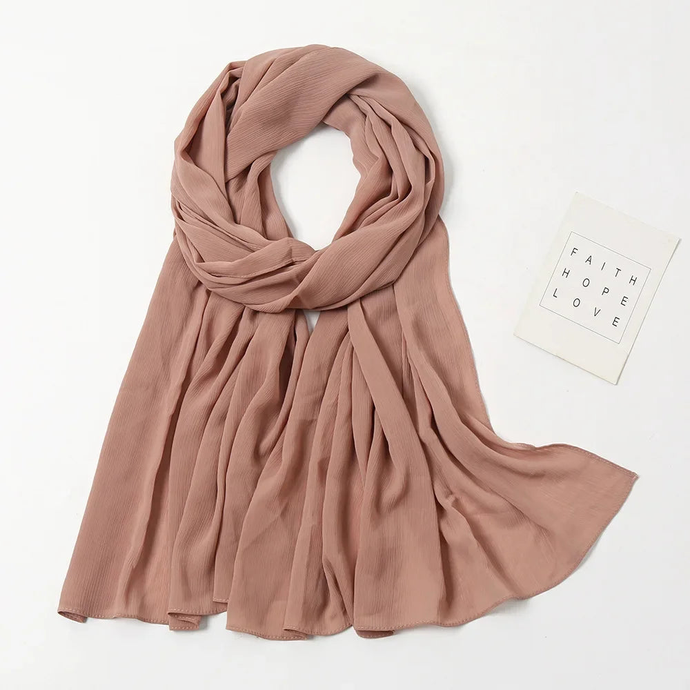175-70cm  Malaysian Solid Color Chiffon Headscarf, Wrinkle-Resistant Pleated Headwrap, Breathable & Lightweight for 2025