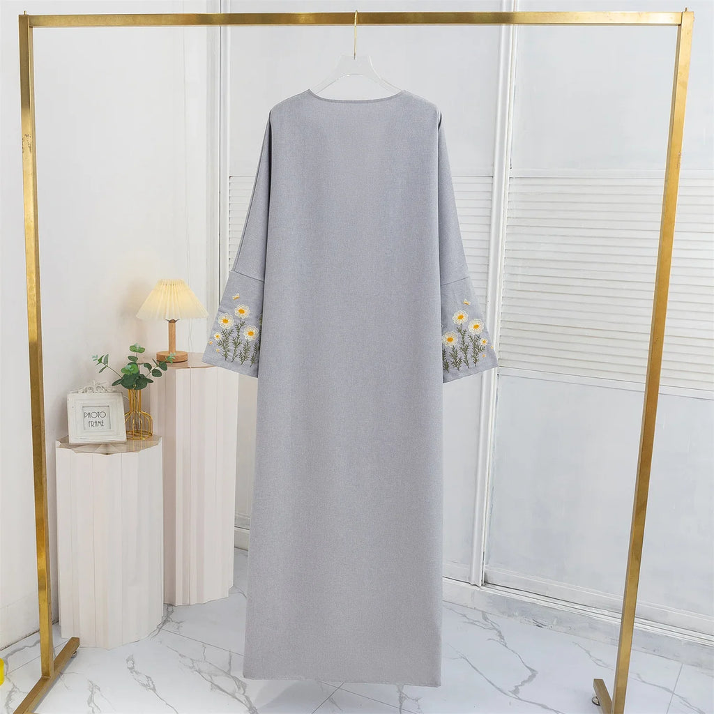 Open Front Abaya Embroidery Floral Long Sleeve Maxi Length Women's Clothing Muslim Cardigan Abayas Outerwear Kaftans Women's Jilbabs