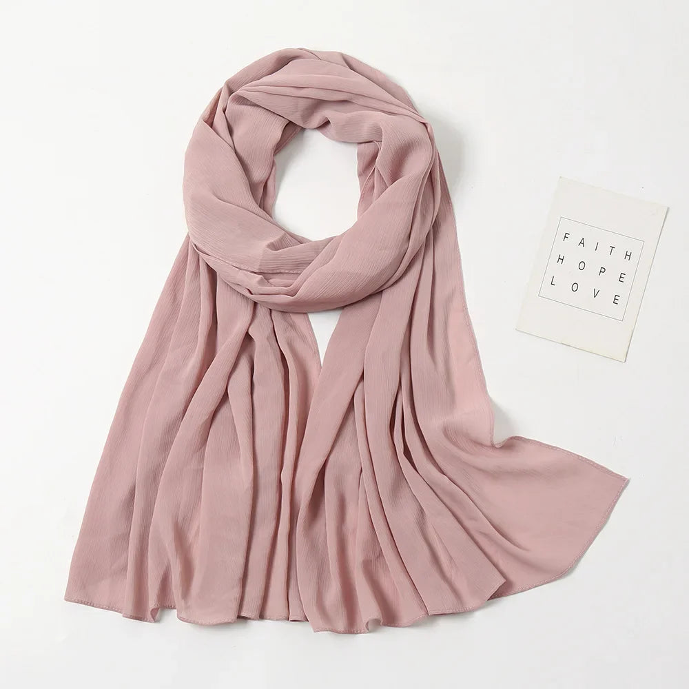 175-70cm  Malaysian Solid Color Chiffon Headscarf, Wrinkle-Resistant Pleated Headwrap, Breathable & Lightweight for 2025