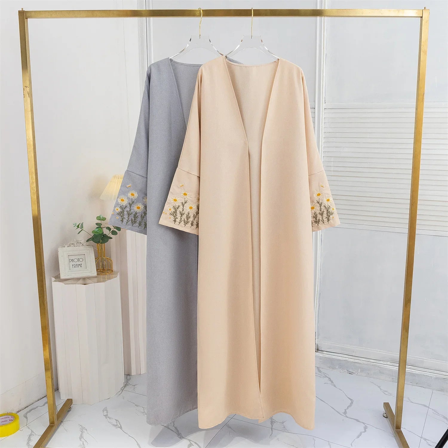 Open Front Abaya Embroidery Floral Long Sleeve Maxi Length Women's Clothing Muslim Cardigan Abayas Outerwear Kaftans Women's Jilbabs