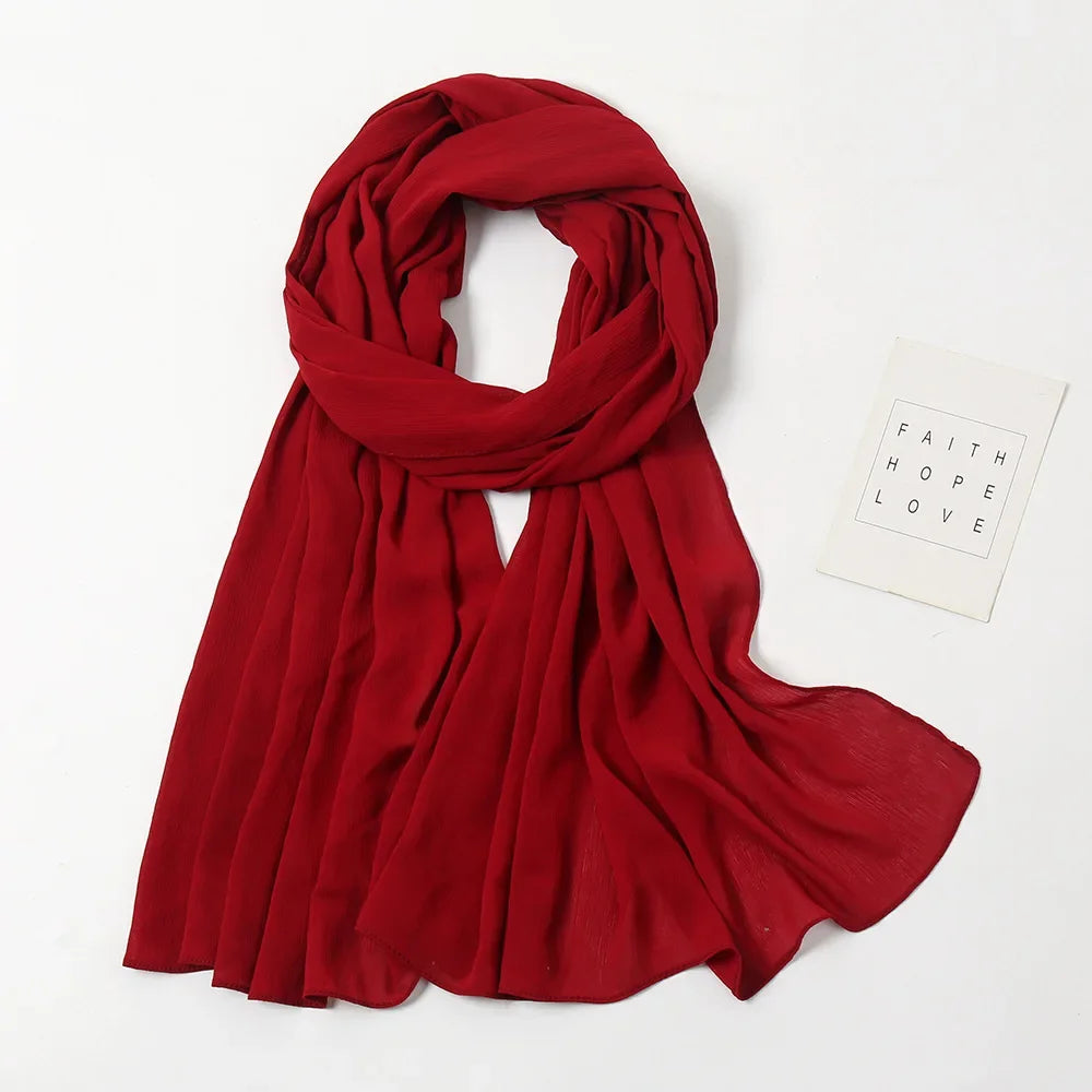175-70cm  Malaysian Solid Color Chiffon Headscarf, Wrinkle-Resistant Pleated Headwrap, Breathable & Lightweight for 2025