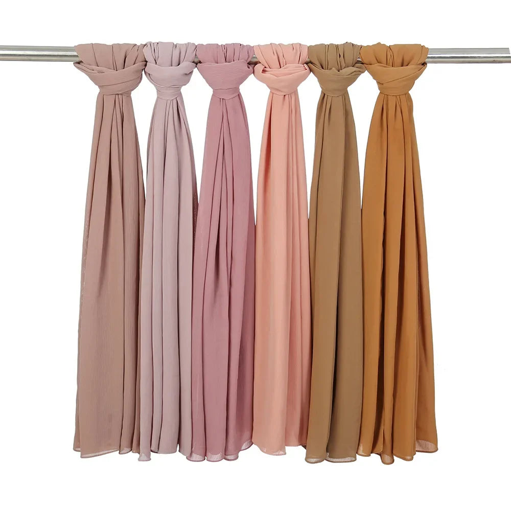 175-70cm  Malaysian Solid Color Chiffon Headscarf, Wrinkle-Resistant Pleated Headwrap, Breathable & Lightweight for 2025