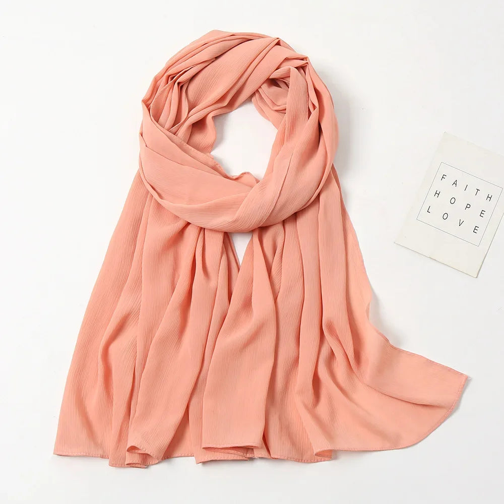 175-70cm  Malaysian Solid Color Chiffon Headscarf, Wrinkle-Resistant Pleated Headwrap, Breathable & Lightweight for 2025