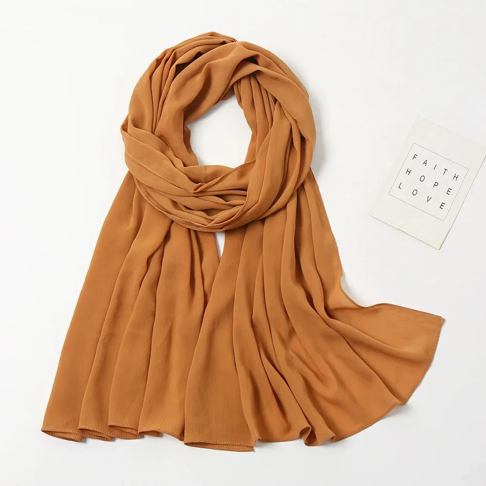 175-70cm  Malaysian Solid Color Chiffon Headscarf, Wrinkle-Resistant Pleated Headwrap, Breathable & Lightweight for 2025