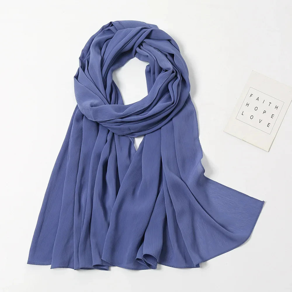 175-70cm  Malaysian Solid Color Chiffon Headscarf, Wrinkle-Resistant Pleated Headwrap, Breathable & Lightweight for 2025