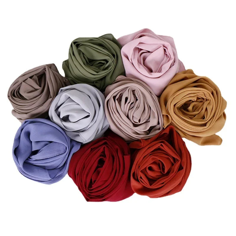 175-70cm  Malaysian Solid Color Chiffon Headscarf, Wrinkle-Resistant Pleated Headwrap, Breathable & Lightweight for 2025