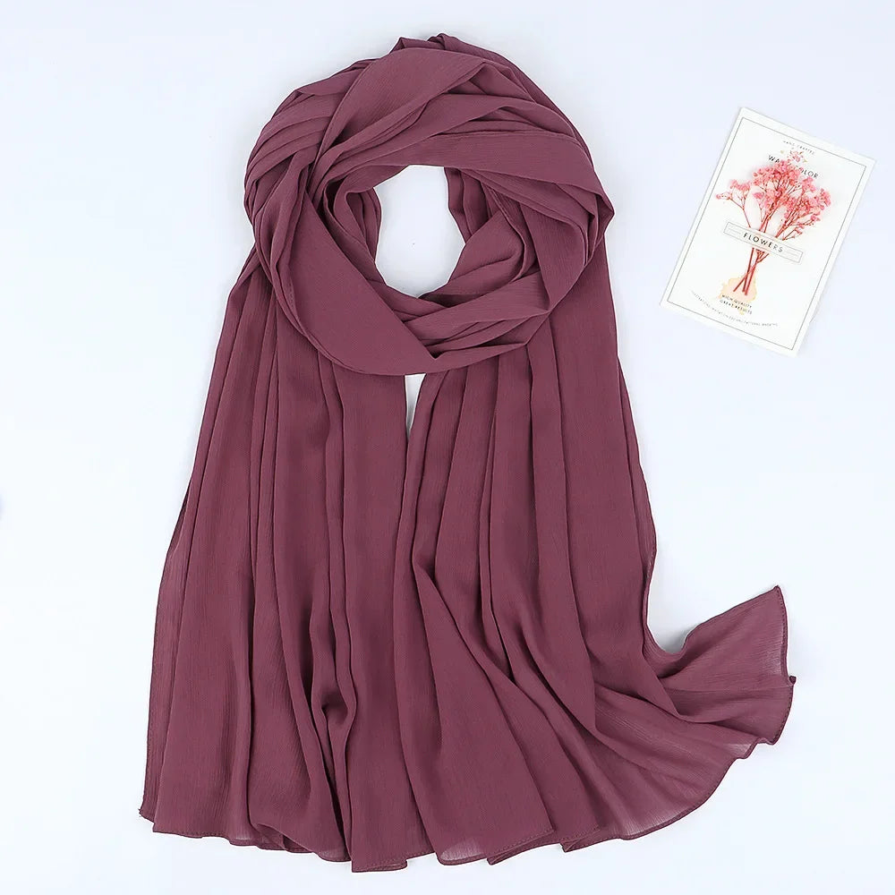 175-70cm  Malaysian Solid Color Chiffon Headscarf, Wrinkle-Resistant Pleated Headwrap, Breathable & Lightweight for 2025