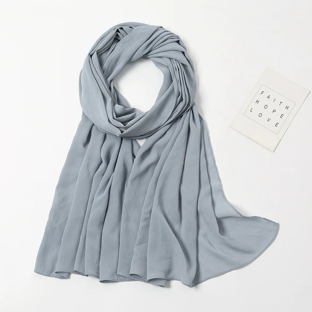 175-70cm  Malaysian Solid Color Chiffon Headscarf, Wrinkle-Resistant Pleated Headwrap, Breathable & Lightweight for 2025
