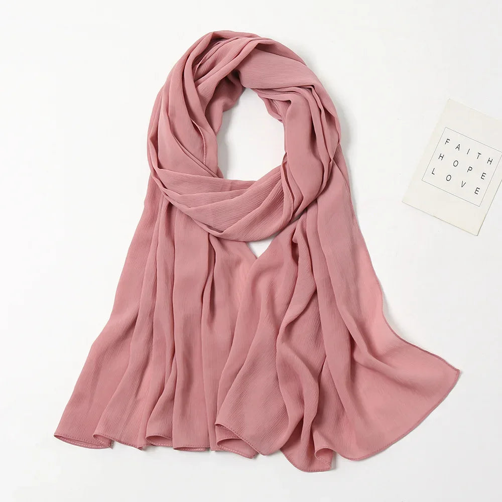 175-70cm  Malaysian Solid Color Chiffon Headscarf, Wrinkle-Resistant Pleated Headwrap, Breathable & Lightweight for 2025