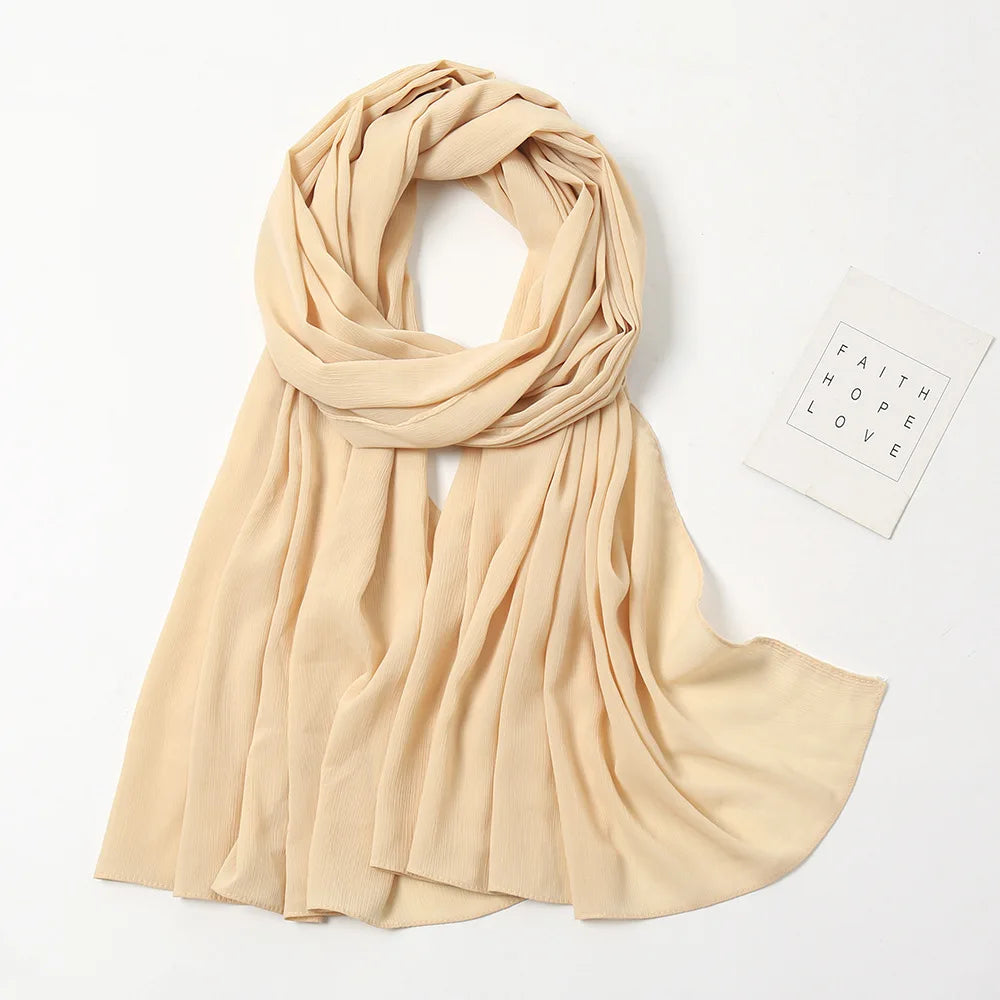 175-70cm  Malaysian Solid Color Chiffon Headscarf, Wrinkle-Resistant Pleated Headwrap, Breathable & Lightweight for 2025