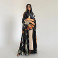 Black Floral Print Open Abaya