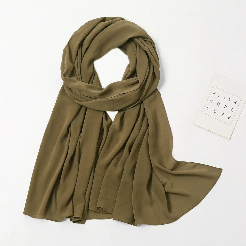 175-70cm  Malaysian Solid Color Chiffon Headscarf, Wrinkle-Resistant Pleated Headwrap, Breathable & Lightweight for 2025