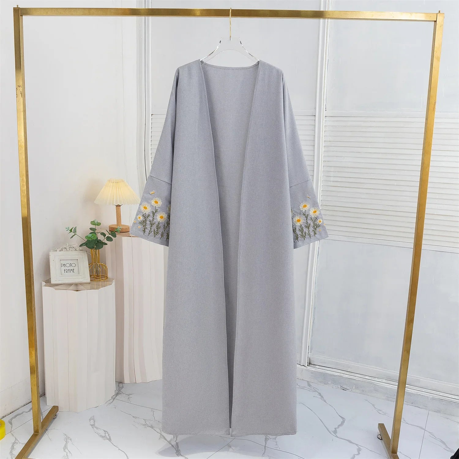 Open Front Abaya Embroidery Floral Long Sleeve Maxi Length Women's Clothing Muslim Cardigan Abayas Outerwear Kaftans Women's Jilbabs