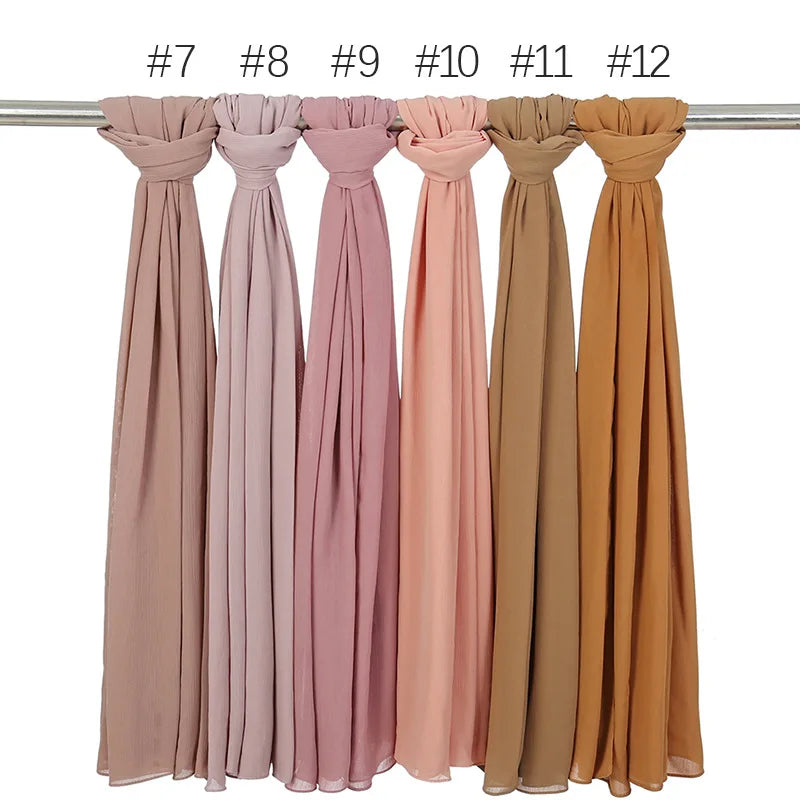175-70cm  Malaysian Solid Color Chiffon Headscarf, Wrinkle-Resistant Pleated Headwrap, Breathable & Lightweight for 2025