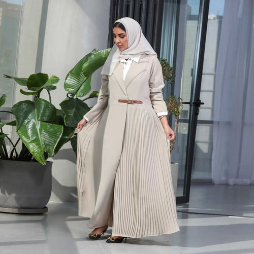 Beige Pleated Belted Abaya