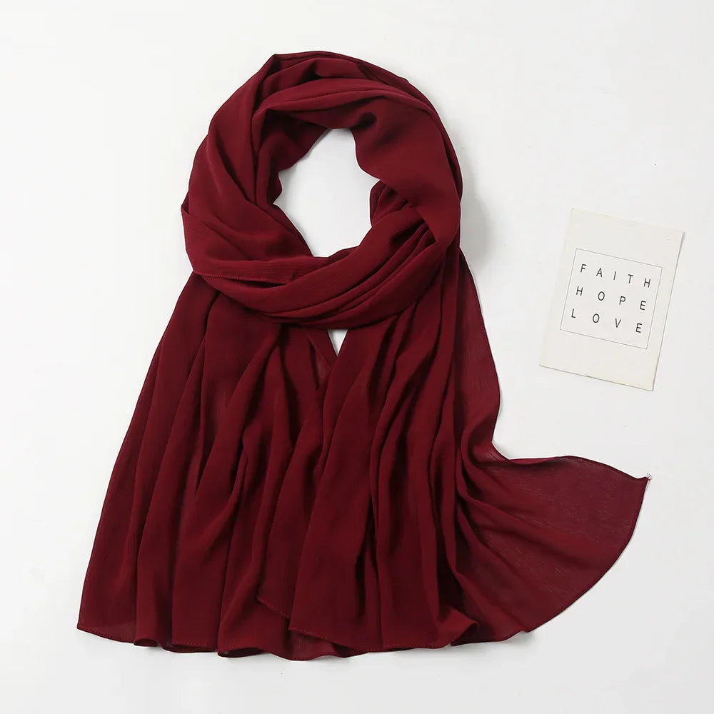 175-70cm  Malaysian Solid Color Chiffon Headscarf, Wrinkle-Resistant Pleated Headwrap, Breathable & Lightweight for 2025