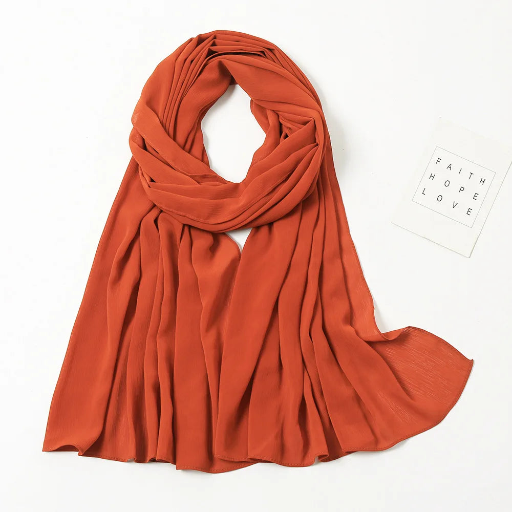 175-70cm  Malaysian Solid Color Chiffon Headscarf, Wrinkle-Resistant Pleated Headwrap, Breathable & Lightweight for 2025