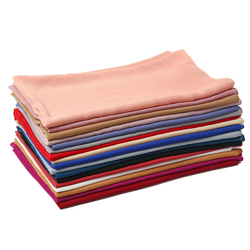 175-70cm  Malaysian Solid Color Chiffon Headscarf, Wrinkle-Resistant Pleated Headwrap, Breathable & Lightweight for 2025