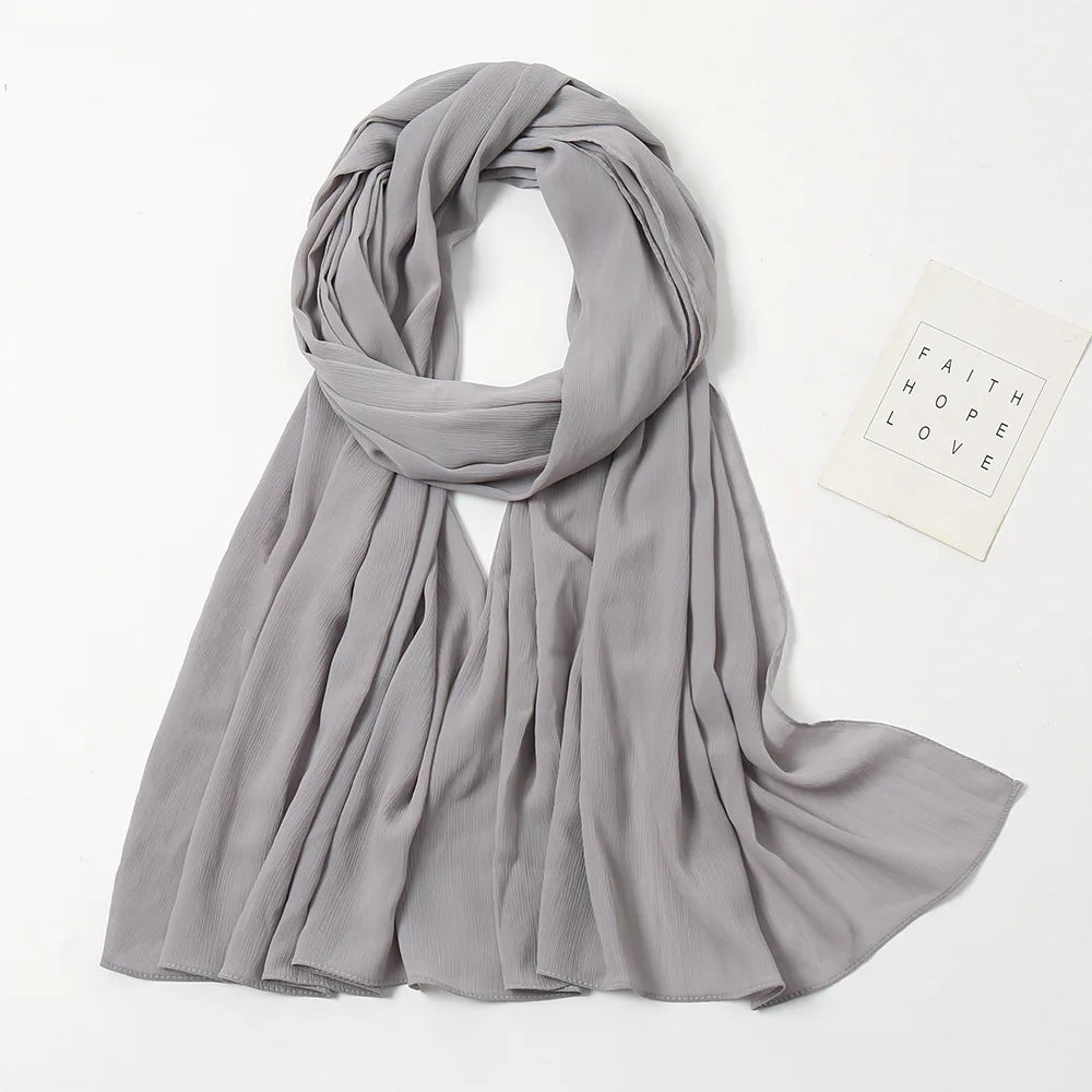 175-70cm  Malaysian Solid Color Chiffon Headscarf, Wrinkle-Resistant Pleated Headwrap, Breathable & Lightweight for 2025