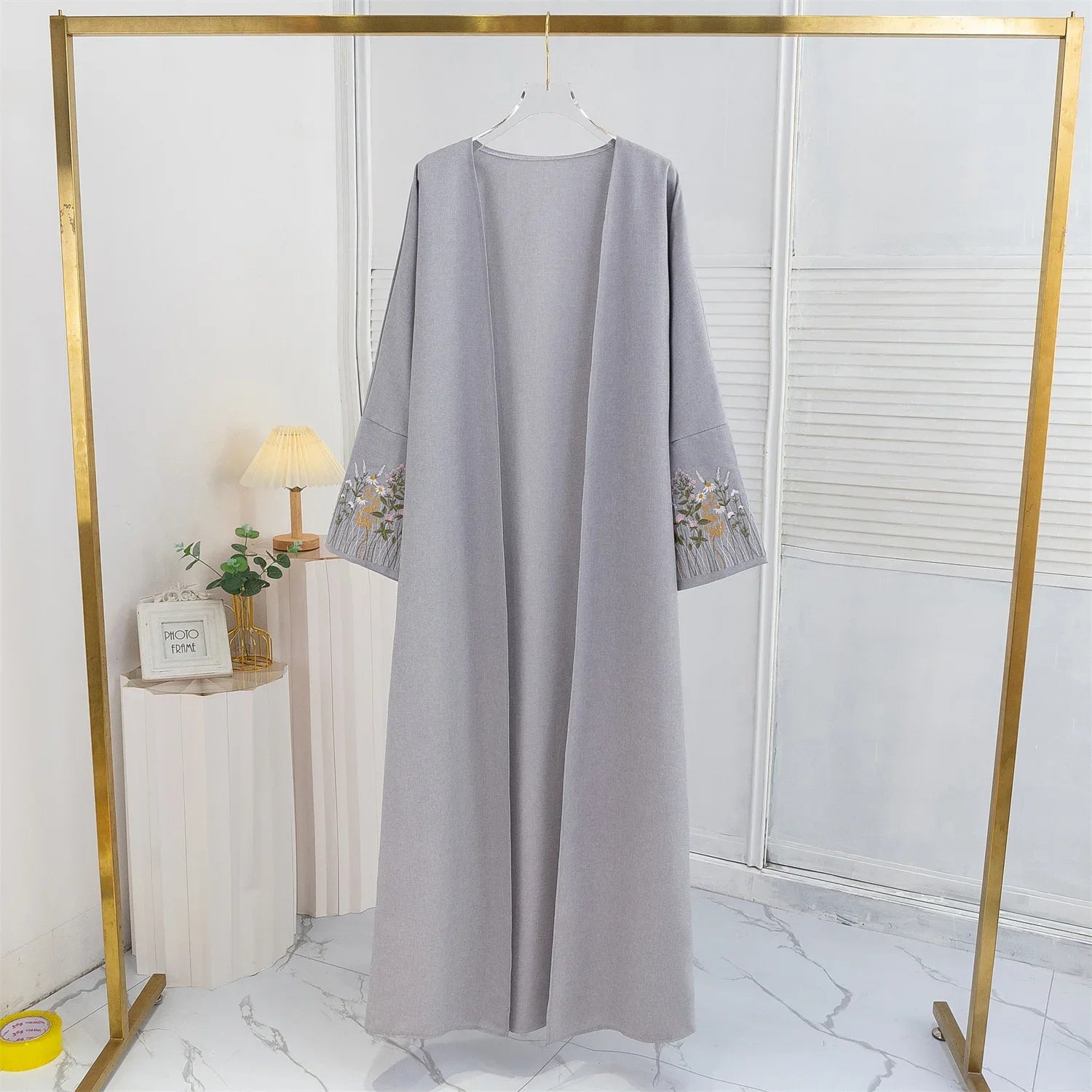 Open Front Abaya Embroidery Floral Long Sleeve Maxi Length Women's Clothing Muslim Cardigan Abayas Outerwear Kaftans Women's Jilbabs