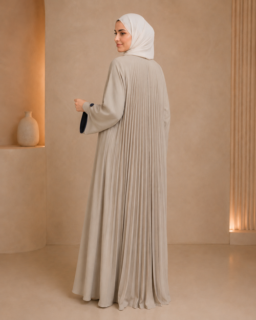 Beige Pleated Back Abaya on model