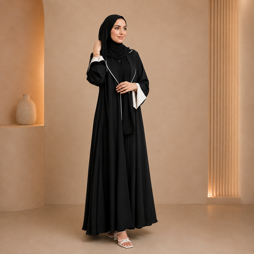 Black Contrast Cuff Abaya on model