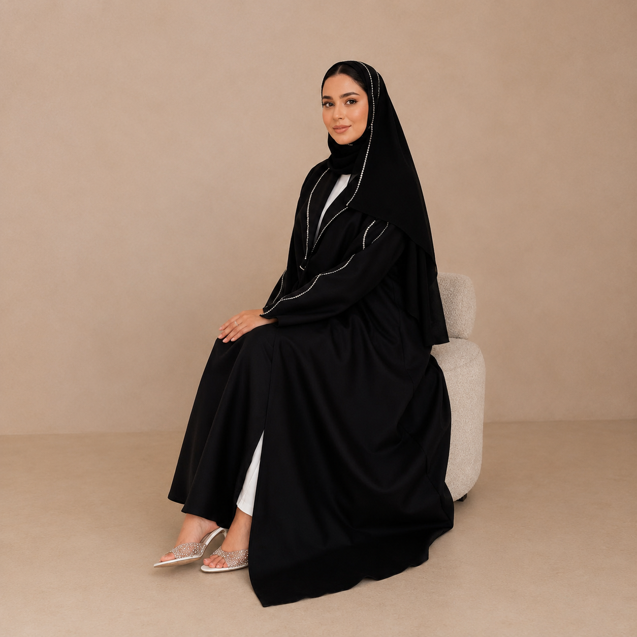 Black Crystal Trim Abaya on model