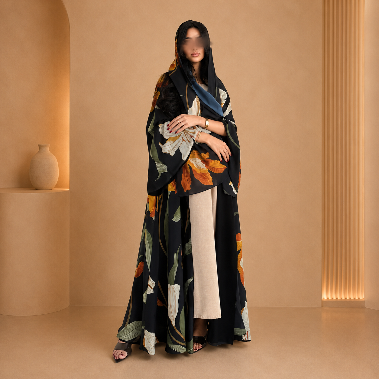 Black Floral Print Open Abaya
