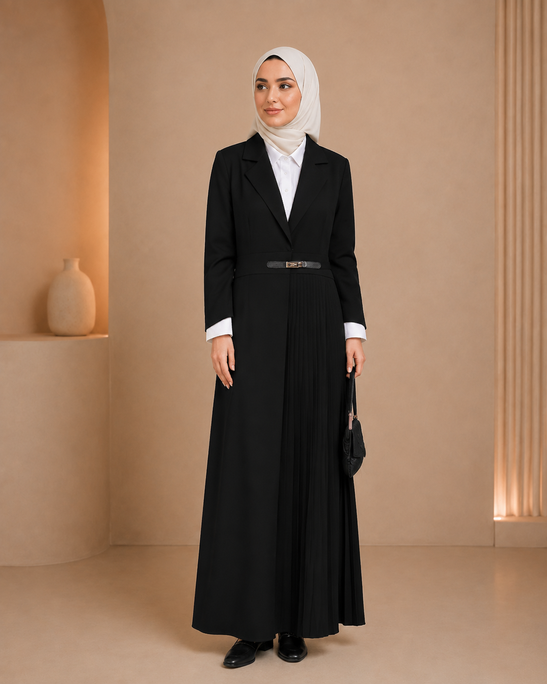 Black Pleated Belted Abaya on model