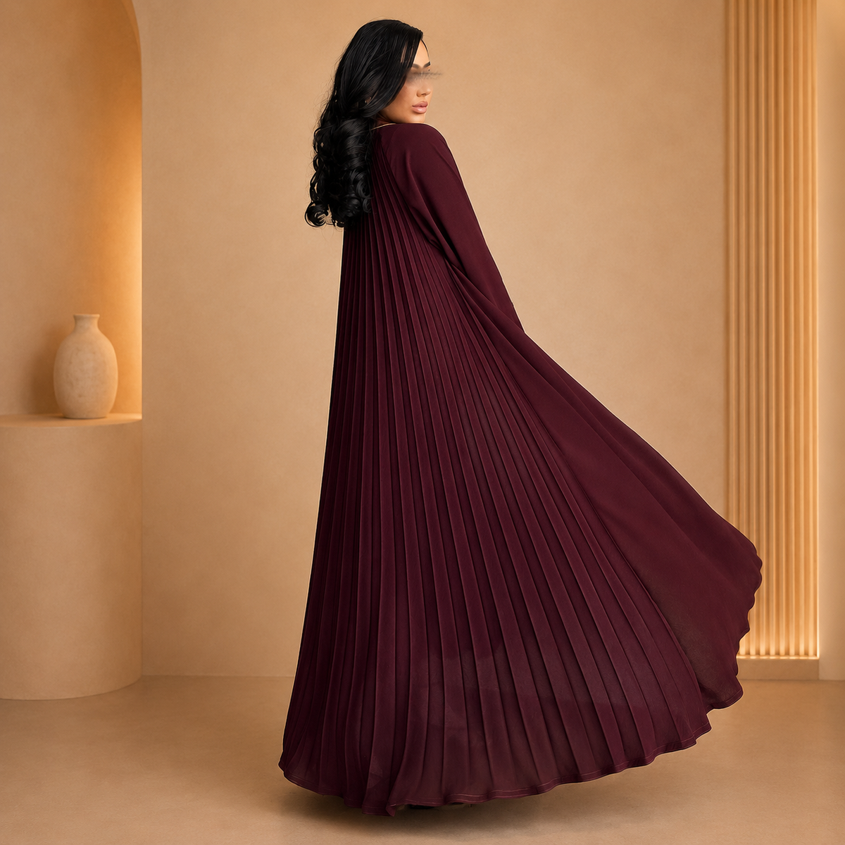 Burgundy Pleated Cape Abaya