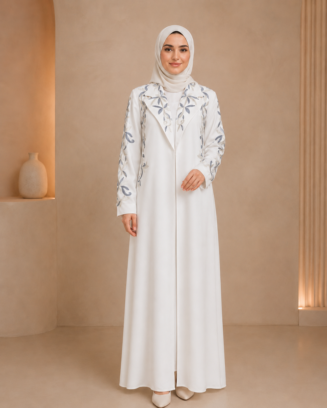 White Floral Embroidered Abaya on model